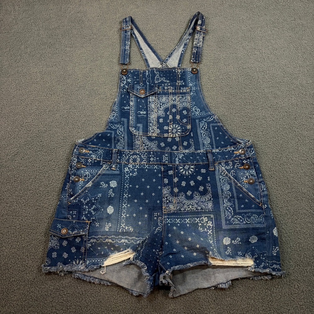 No Boundaries Overalls Womens S Blue Bandana Paisley Distressed Denim Shortalls